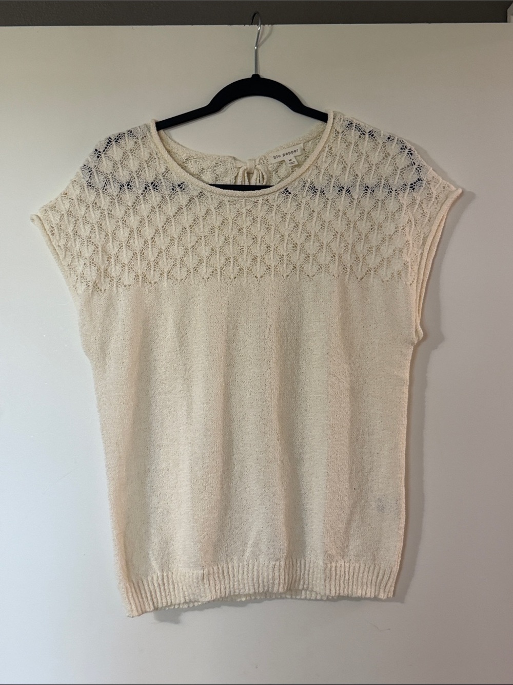 Blu Pepper Cream Openwork Scoop Neck Knit Toplet